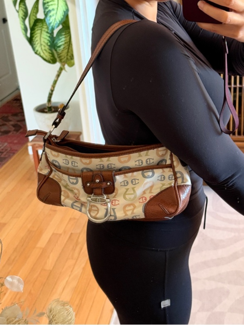 Etienne Aigner Beige and Brown Canvas Shoulder Bag with Leather Trim